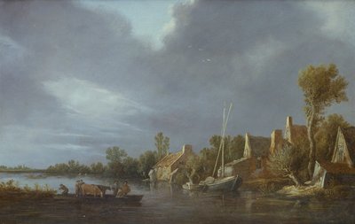 Un villaggio vicino a un fiume con contadini e bestiame su un traghetto da Jan Josephsz van Goyen