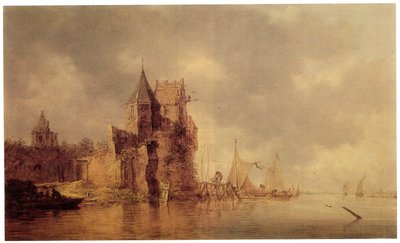 Una torre medievale su un bastione del castello con navi a vela a un molo e una barca a remi in primo piano, c.1642 da Jan Josephsz van Goyen