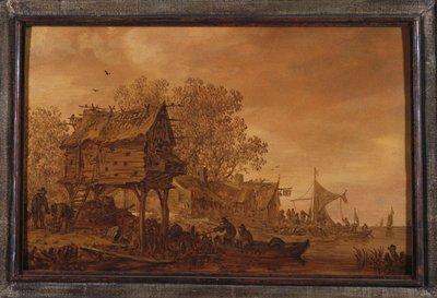 Un Villaggio su una Riva del Fiume con Contadini in Barca vicino a una Colombaia da Jan Josephsz van Goyen