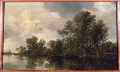 Paesaggio fluviale boscoso, con contadini in una barca a remi vicino a un cottage e un traghetto, una barca a vela in lontananza, 1633 da Jan Josephsz van Goyen