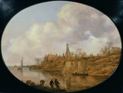 Tre pescatori che tirano una rete e cesti sulla riva di un fiume con un castello e un villaggio in lontananza da Jan Josephsz van Goyen
