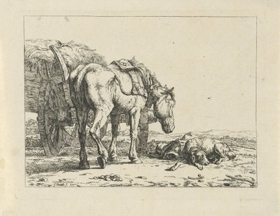 Cavallo e cane vicino a un carro di fieno da Jan Kobell (II)