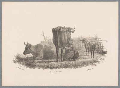 Contadina che munge, due mucche e un ariete da Jan Kobell (III)
