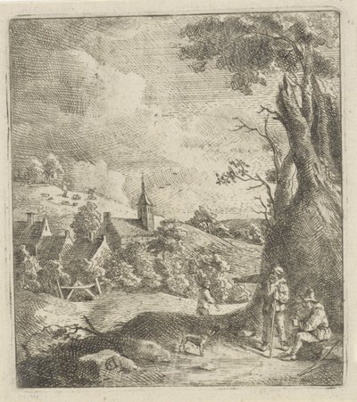 Paesaggio con un villaggio e due uomini vicino a un albero da Jan Lauwryn Krafft (I) (attributed to)