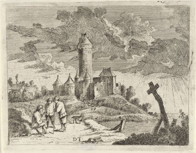 Paesaggio con castello e tre uomini da Jan Lauwryn Krafft (I) (possibly)