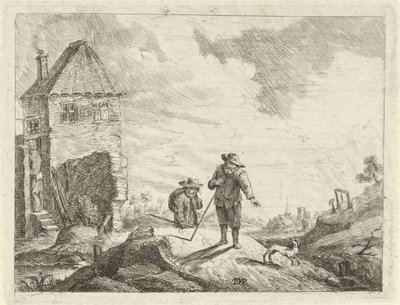 Due contadini con un cane su una strada di campagna da Jan Lauwryn Krafft (I) (possibly)