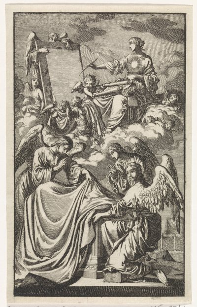 Figura allegorica femminile scrive un pannello tra le nuvole da Jan Luyken