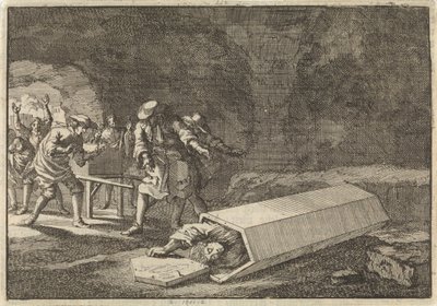 Becchini a Roma scoprono che Antonio Marlini, che avevano sepolto alcuni giorni prima, era in realtà vivo, 1696 da Jan Luyken