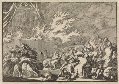 Incendio di un capannone di legno durante una rappresentazione teatrale vicino al castello di Amalienborg a Copenaghen, 1689 da Jan Luyken
