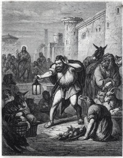 Esopo e Cristo: lo scrittore greco Esopo (VI secolo a.C.), con una lanterna in mano, attraversa una passeggiata tra personaggi con teste di animali in cerca di 