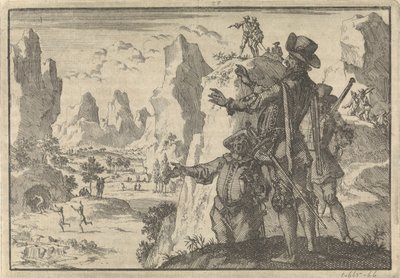 Spagnoli armati guardano giù dalle rocce su persone completamente selvagge, ca. 1600 da Jan Luyken