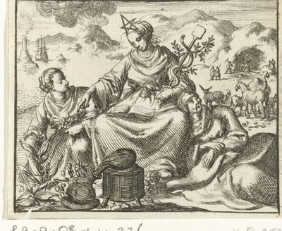 Salute (Sanitas) affiancata da una donna malata e una donna che raccoglie erbe da Jan Luyken