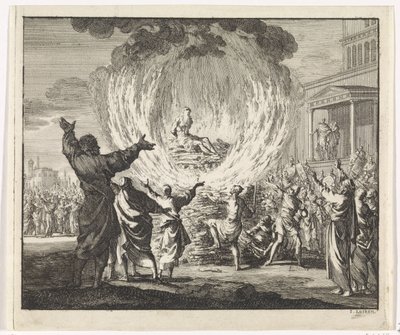 San Policarpo viene messo su una pira ma le fiamme non lo bruciano da Jan Luyken