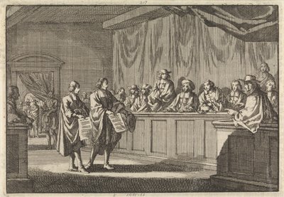 Predicatori riformati Gilly e Courdil leggono una dichiarazione al sinodo di Sorges per passare alla chiesa cattolica, 3 giugno 1683 da Jan Luyken