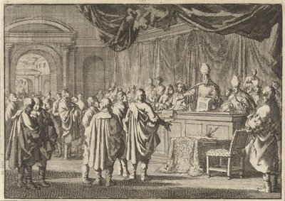 Riformati in Ungheria davanti a un tribunale di vescovi e altri cattolici, 1670 da Jan Luyken