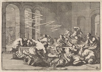 Nel villaggio polacco di Perzyn, 23 persone muoiono a causa di un fulmine durante un banchetto di battesimo, 1676 da Jan Luyken