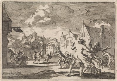 Gli abitanti di un villaggio vicino al castello di Luchow a Lüneburg sono colpiti da un tornado che fa cadere gli uccelli morti dal cielo, 1671 da Jan Luyken
