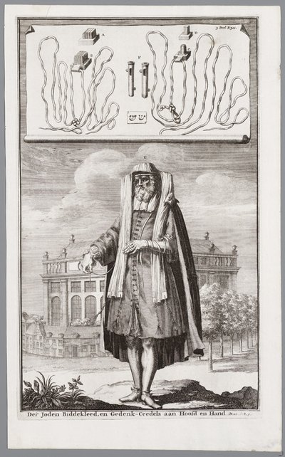 Ebreo vestito per la preghiera. Sullo sfondo la Sinagoga Portoghese di Amsterdam da Jan Luyken
