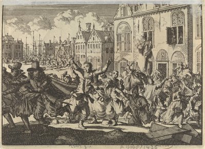 Rivolta a Enkhuizen con distruzione delle case dei viceammiragli Kwast e Turk, 1635 da Jan Luyken