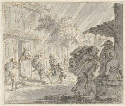 Veduta di strada con vento forte e pioggia da Jan Luyken