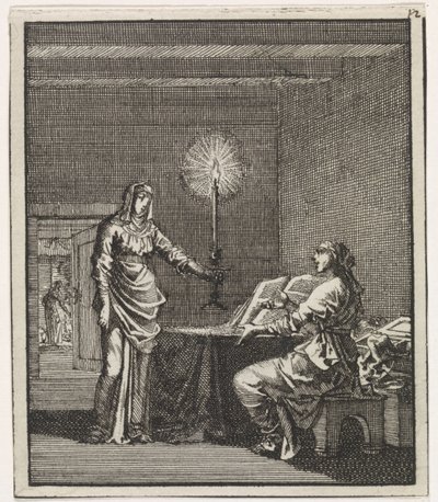 Donna illumina una donna che legge in una stanza buia con una candela da Jan Luyken