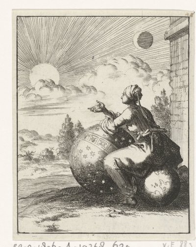 Donna seduta su un globo terrestre e appoggiata a un globo celeste che guarda il tramonto da Jan Luyken