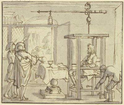 Due medici fanno pesare un uomo su una bilancia dopo il pasto da Jan Luyken