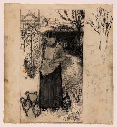 Annie Mankes-Zernike che nutre i polli, a destra: studi di un albero e di polli da Jan Mankes