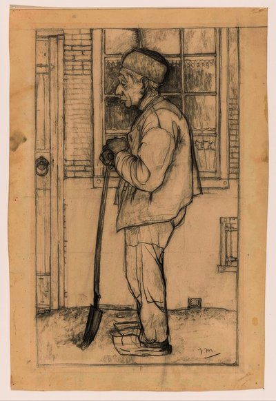 Douwe di profilo, con una vanga davanti a una casa da Jan Mankes