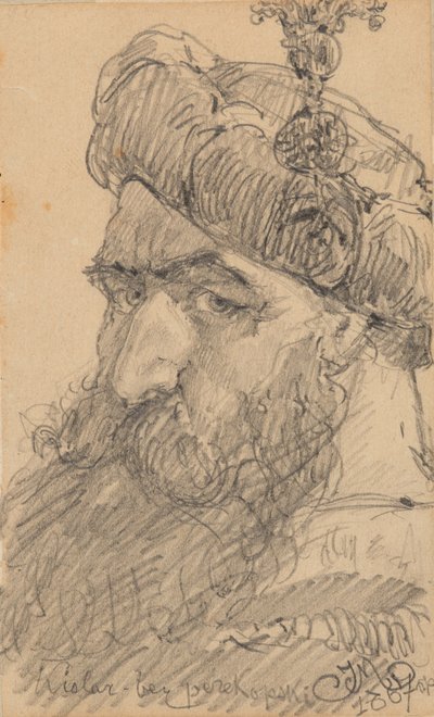 Recto: Testa di un uomo barbuto con cappello, in preghiera da Jan Matejko