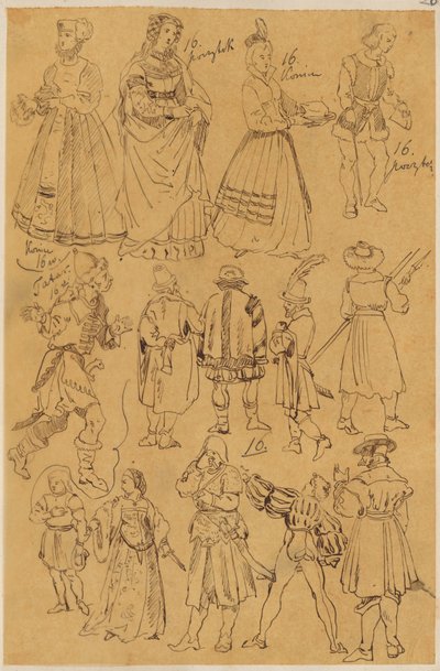 Skarbczyk. Verschiedene Personen in Kleidung aus dem 16. Jahrhundert (14 in voller Gestalt). da Jan Matejko