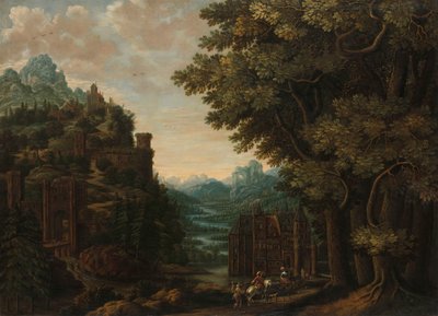 Paesaggio montuoso con valle fluviale e castelli da Jan Meerhout