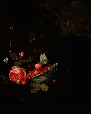 Natura morta di fragole selvatiche, una rosa e una bottiglia di vetro, 1690 da Jan Mortel