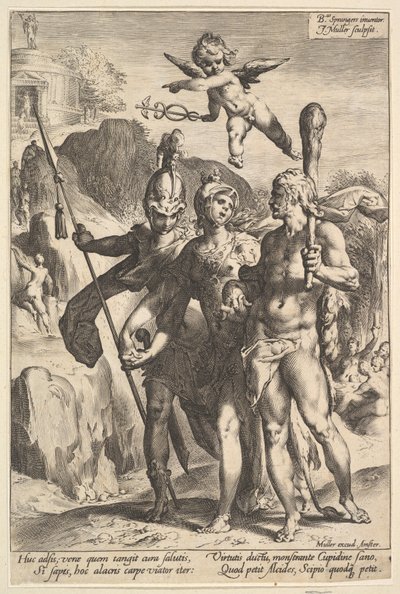 Ercole che viene mostrato la strada montuosa verso il Tempio della Fama Immortale, ca. 1591 da Jan Muller