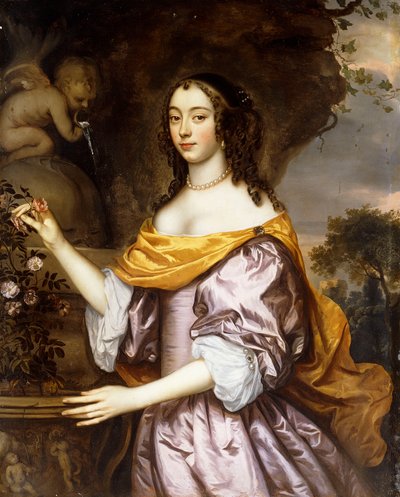 Ritratto di una signora, in piedi tre quarti di lunghezza, che indossa un vestito di seta lavanda e uno scialle giallo da Jan Mytens