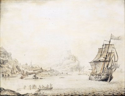 Una nave britannica al largo della costa di Satalia, circondata da una costa rocciosa, con antiche mura cittadine e minareti da Jan Peeters