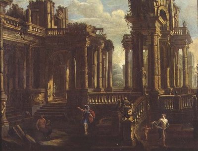 Capriccio di rovine classiche con un guerriero, un satiro e Cupido che inseguono una ninfa da Jan Peeters
