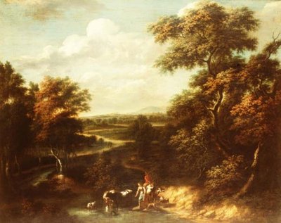Un ampio paesaggio boscoso con un pastore e una contadina da Jan Philip Spalthof