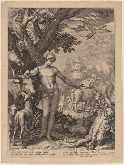 Adamo nomina gli animali da Jan Pietersz Saenredam after Abraham Bloemaert