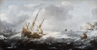 Navi in tempesta su una costa rocciosa da Jan Porcellis