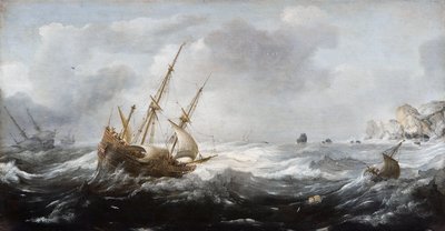 Navi in tempesta su una costa rocciosa da Jan Porcellis