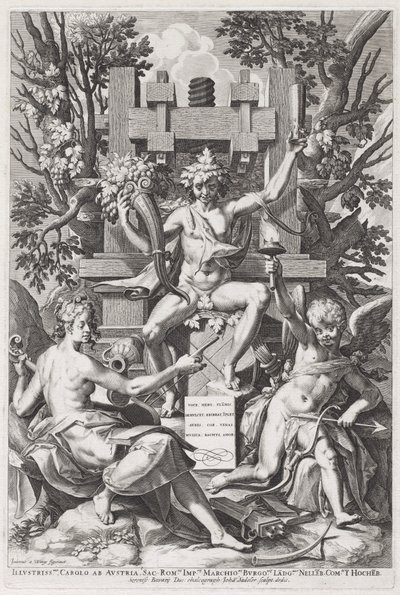 Bacco Seduto su una Botte tra Amore e Musica da Jan Sadeler I, after Joos van Winghe