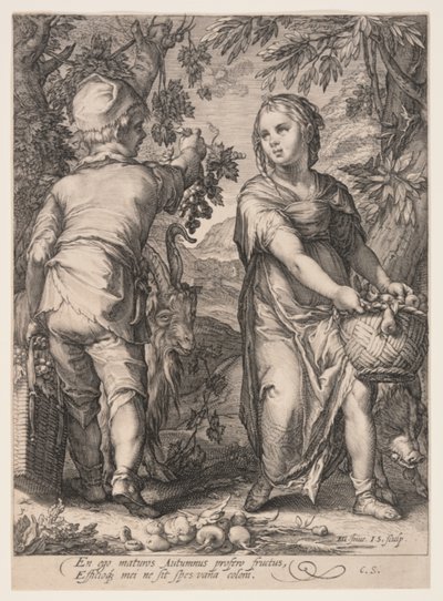 Autunno (Ragazzo e ragazza che raccolgono la frutta), da Le quattro stagioni da Jan Saenredam