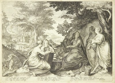 Le vergini sagge raccolte in un paesaggio, sullo sfondo Giovanni Battista che predica da Jan Saenredam