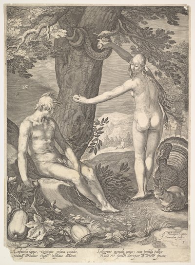 Eva che dà ad Adamo il frutto proibito, dalla Storia di Adamo ed Eva da Jan Saenredam