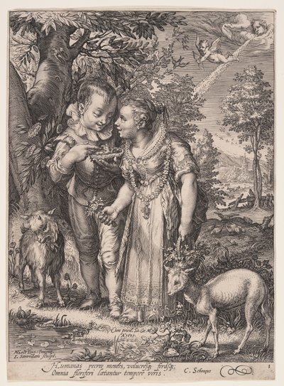 Primavera (Due bambini che giocano con gli uccelli), da Le quattro stagioni da Jan Saenredam