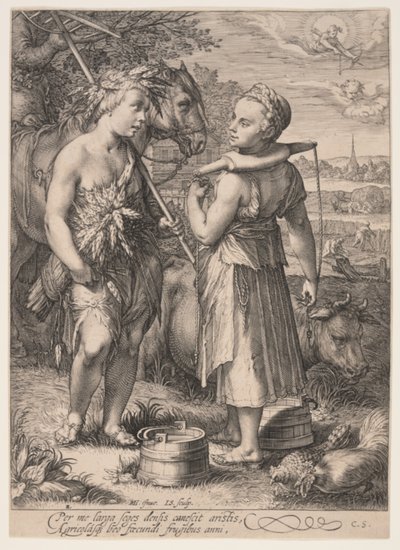 Estate (Ragazzo con covone di grano e Ragazza con giogo), da Le quattro stagioni da Jan Saenredam