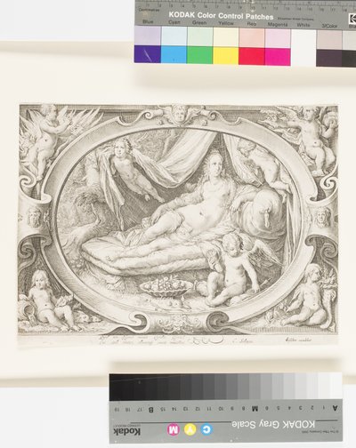 Venere sul suo divano mentre Eros riempie la sua faretra di frecce da Jan Saenredam