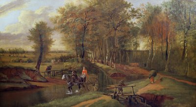 Paesaggio Fluviale Boschivo con Figure, Cavallo e Carro da Jan Siberechts