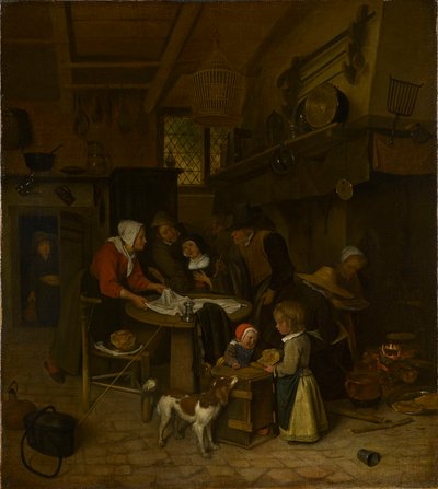 Scena nella cucina di un contadino con un servo che stende la biancheria da Jan Steen